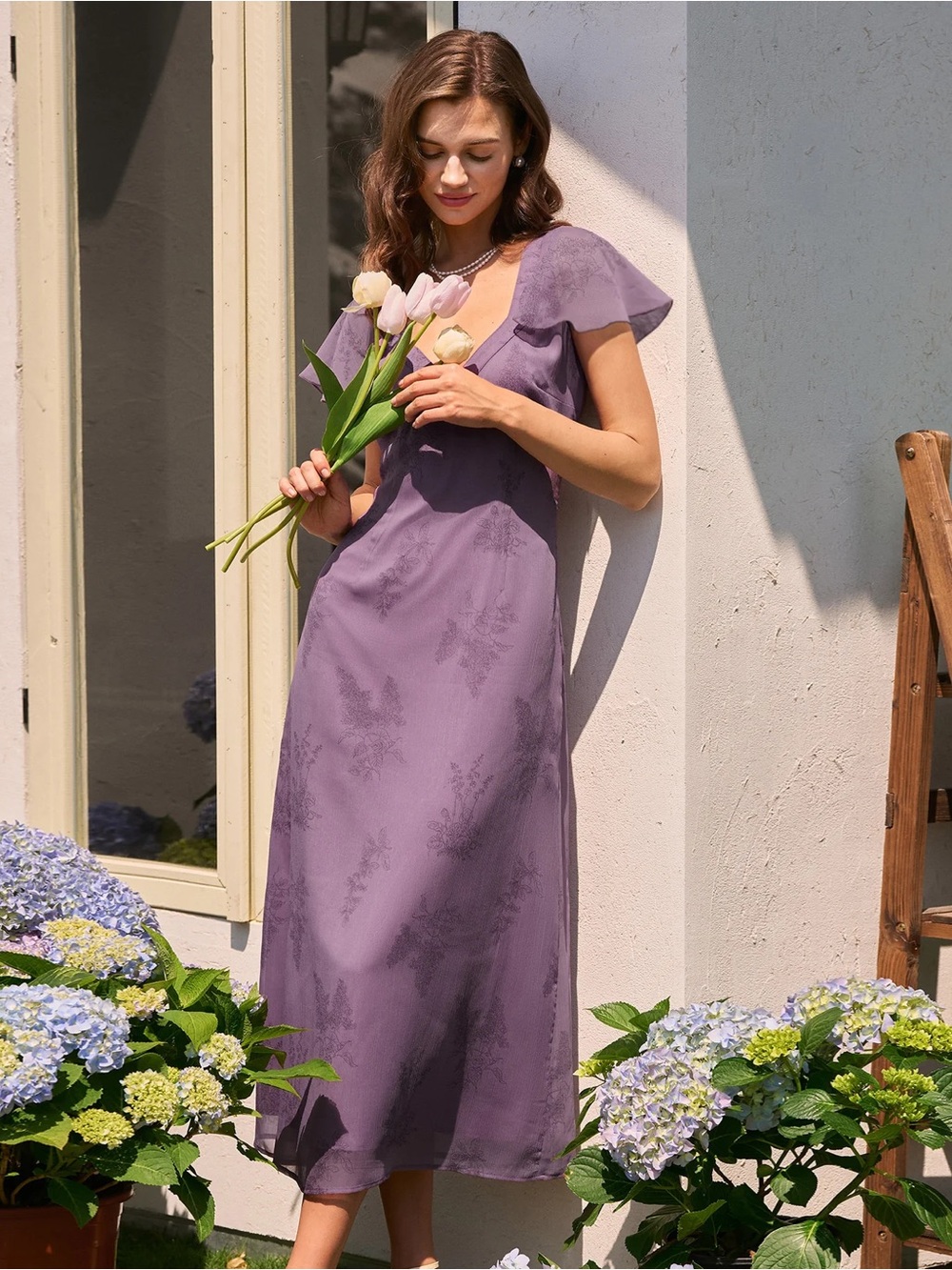 Rihoas Purple V Neck Butterfly Sleeve Floral Midi Dress - Picture 3 of 9